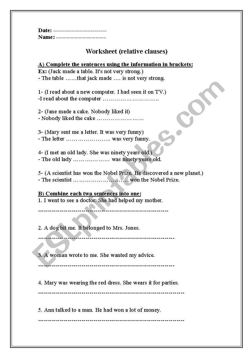 relative clauses worksheet