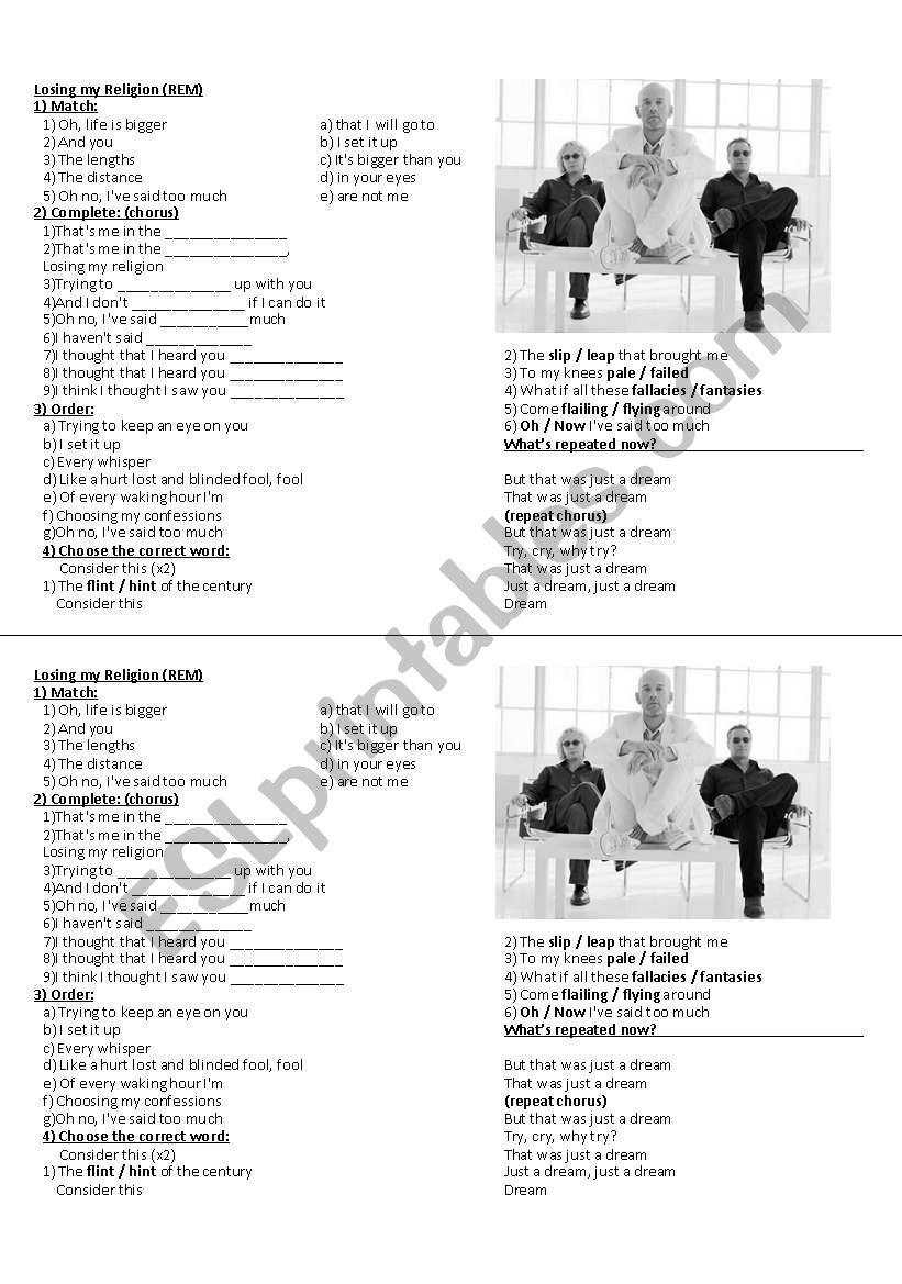 Losing my Religion (REM) worksheet