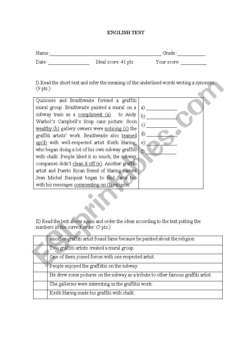 test about graffiti worksheet