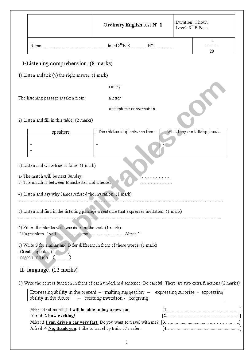  Test for 8th basic education form ( Tunisian curriculum )