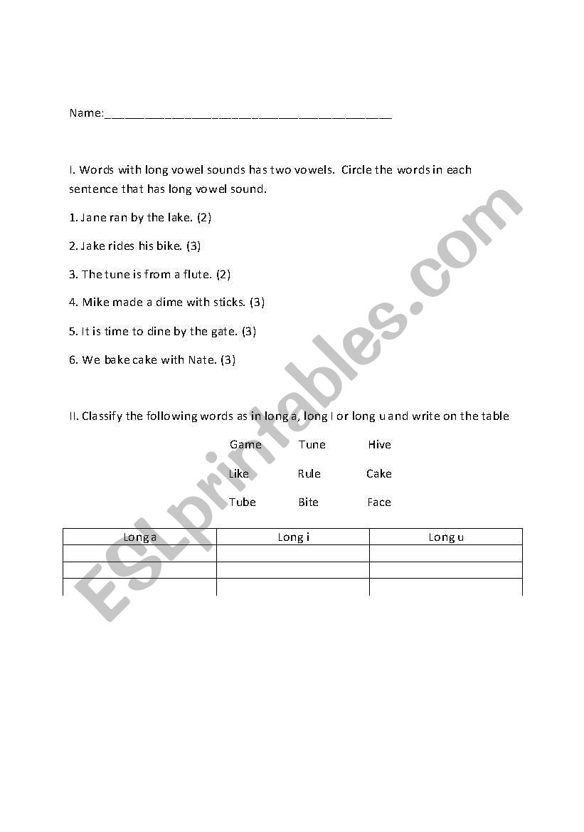 Long a, i, u worksheet