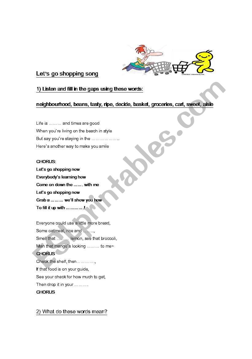 English worksheets Let´s go shopping song!