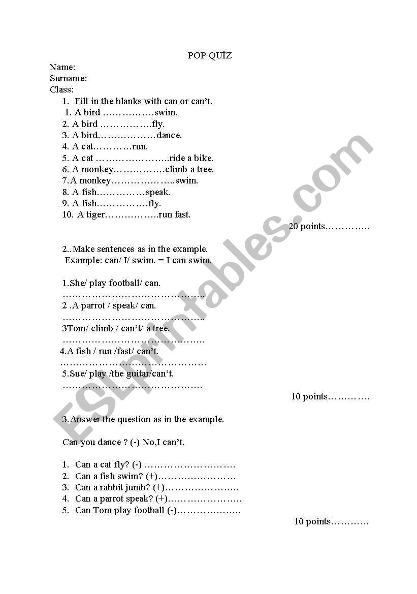 Pop quiz for can/cant worksheet