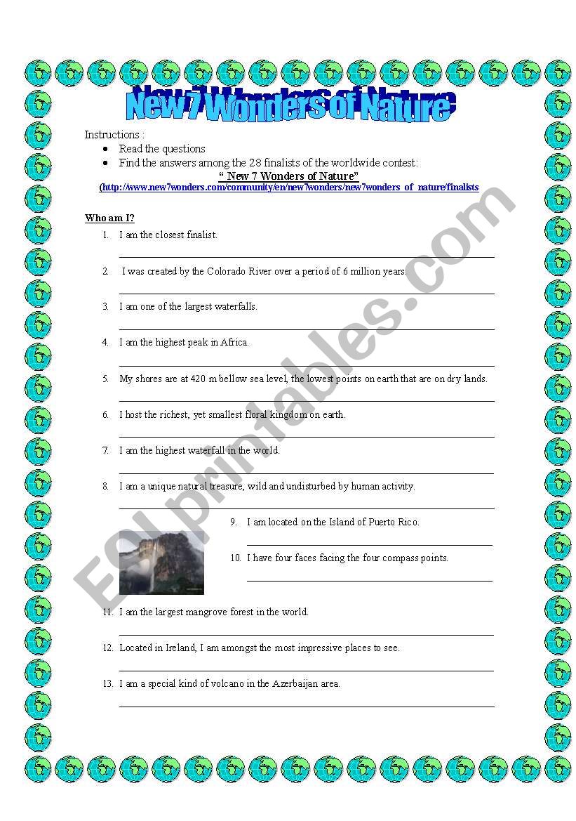 new 7 wonders of nature worksheet