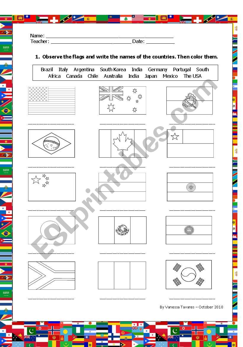 Color and name the flags worksheet