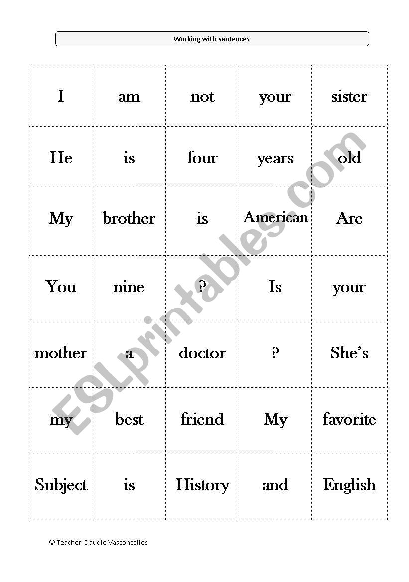 Sentences in pieces worksheet