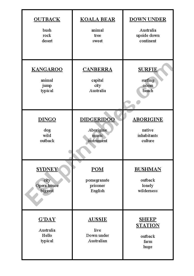 Taboo gamcards Australia worksheet