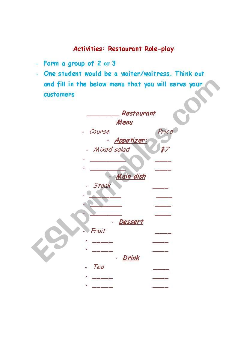 Activity for speaking class-Restaurant role play