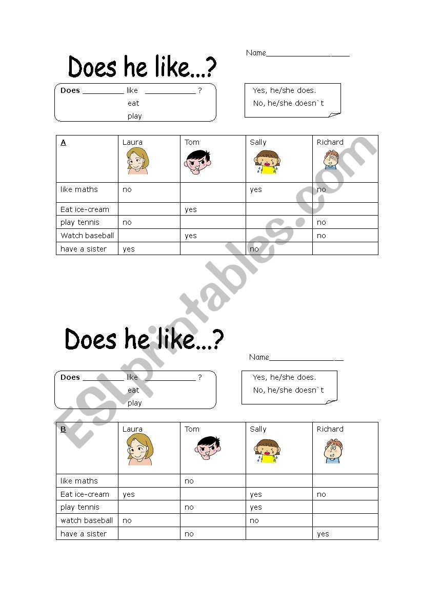 Does he like...? worksheet