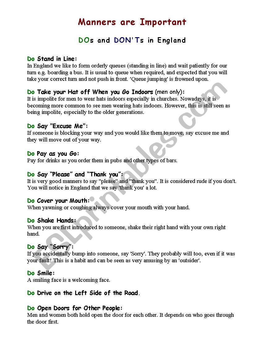 manners are important worksheet