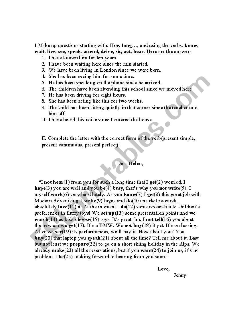 Present perfect worksheet