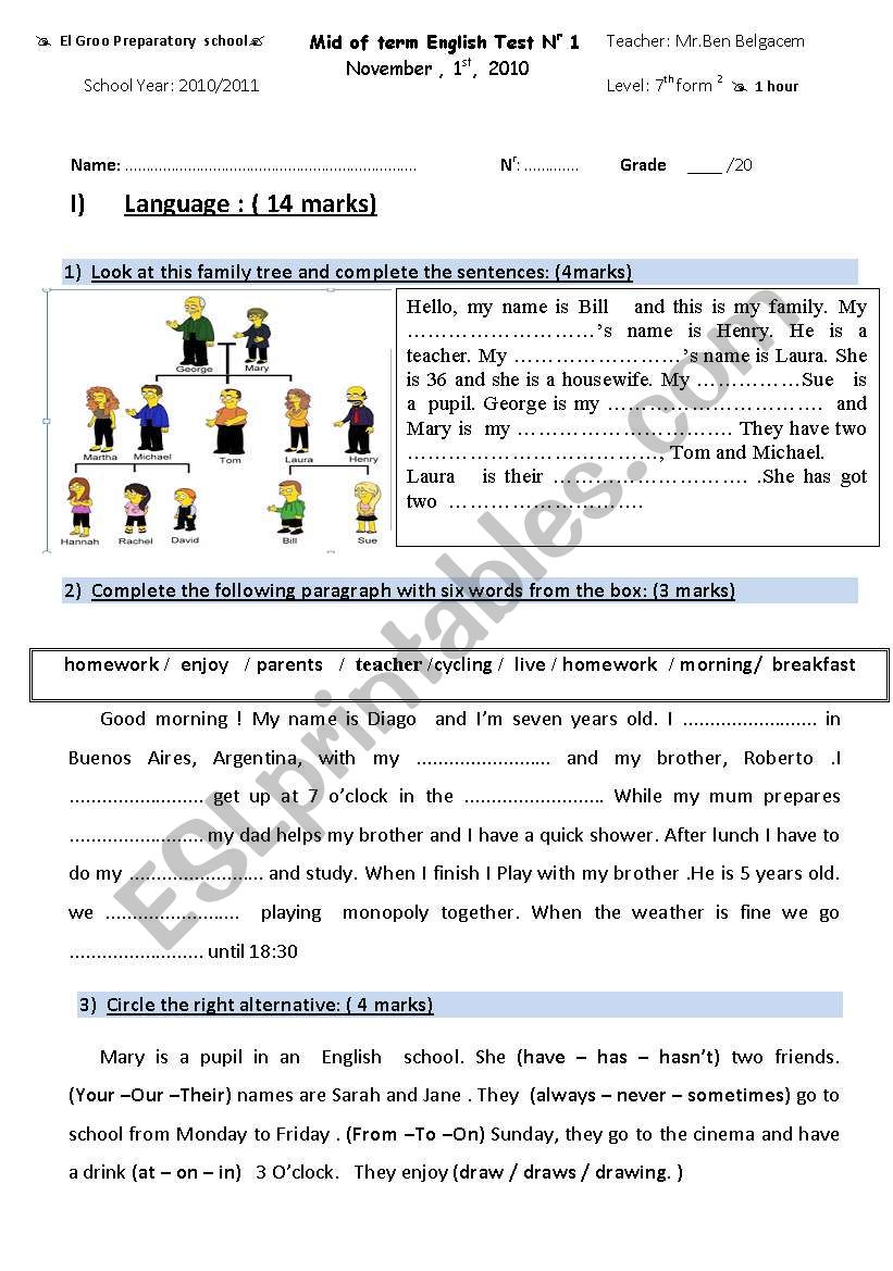 Mid of term test n 1 worksheet