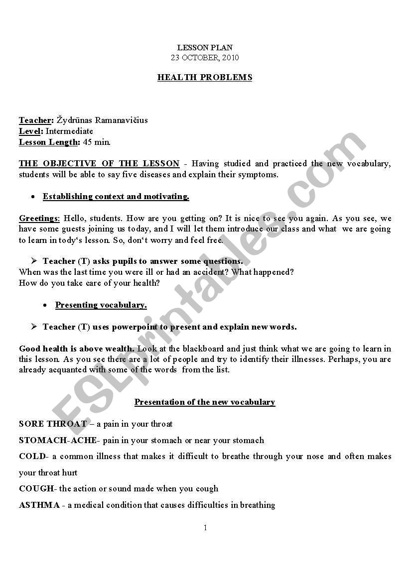 health problems worksheet