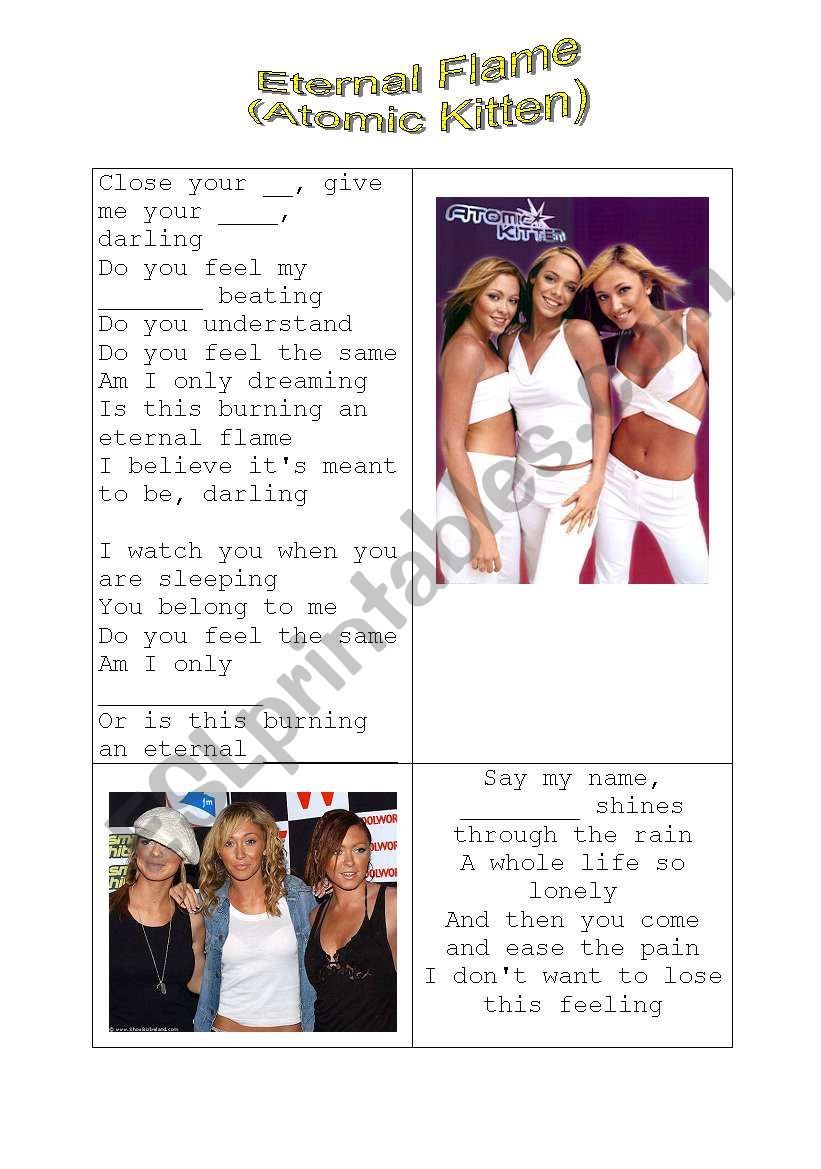 SONG WORKSHEET (ETERNAL FLAME BY THE ATOMIC KITTEN)