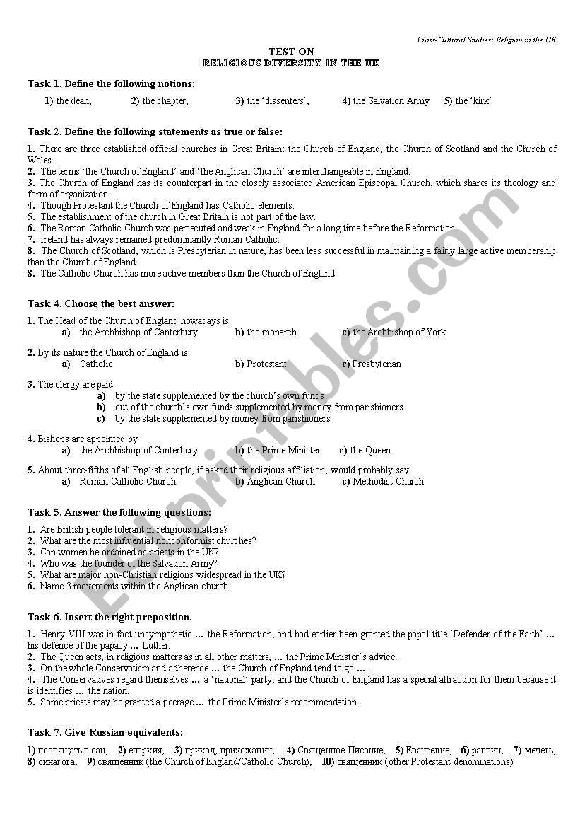 Test on religious diversity in UK