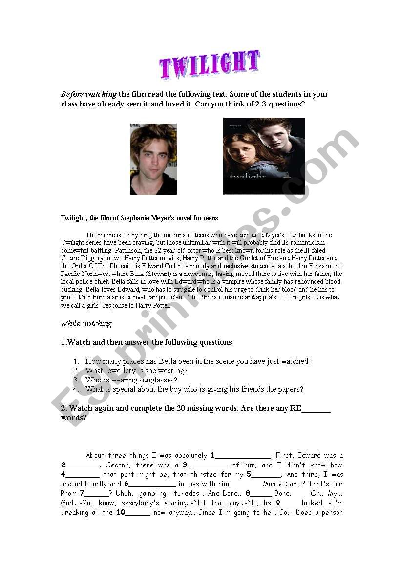 twilight (film) worksheet worksheet