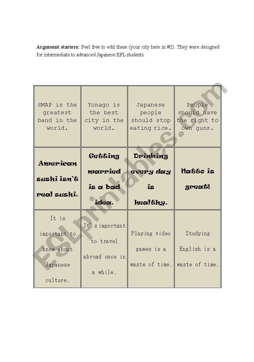 Argument Starters worksheet