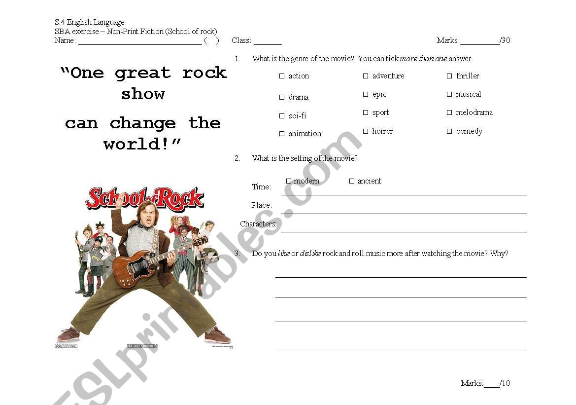 School of Rock movie worksheet