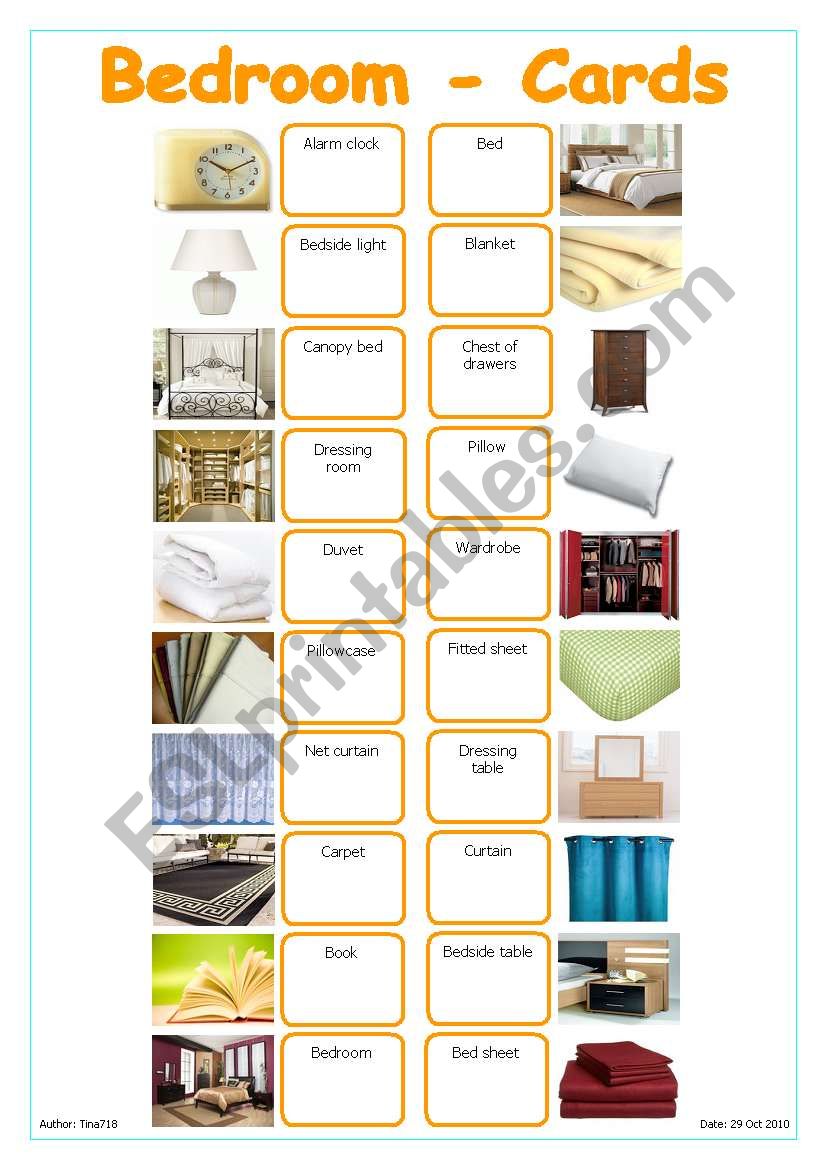 Bedroom - Cards worksheet
