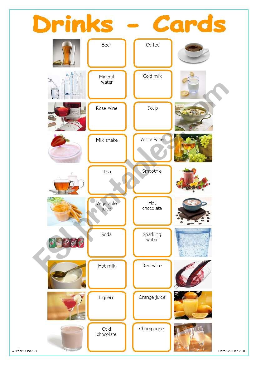 Drinks - Cards worksheet