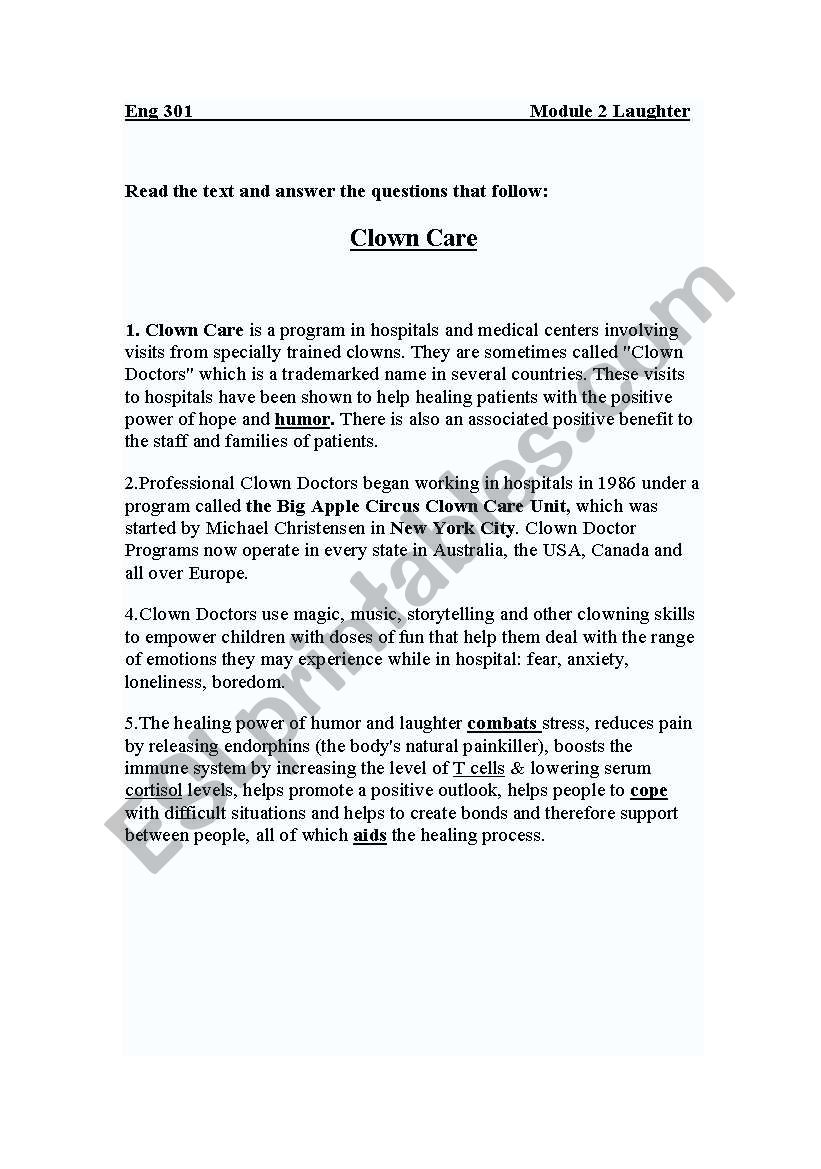 Clown care worksheet