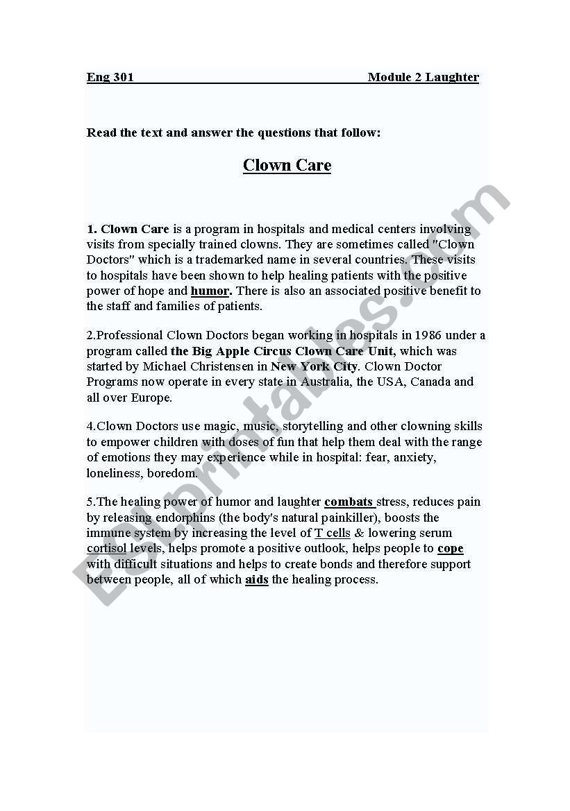 Clown care worksheet