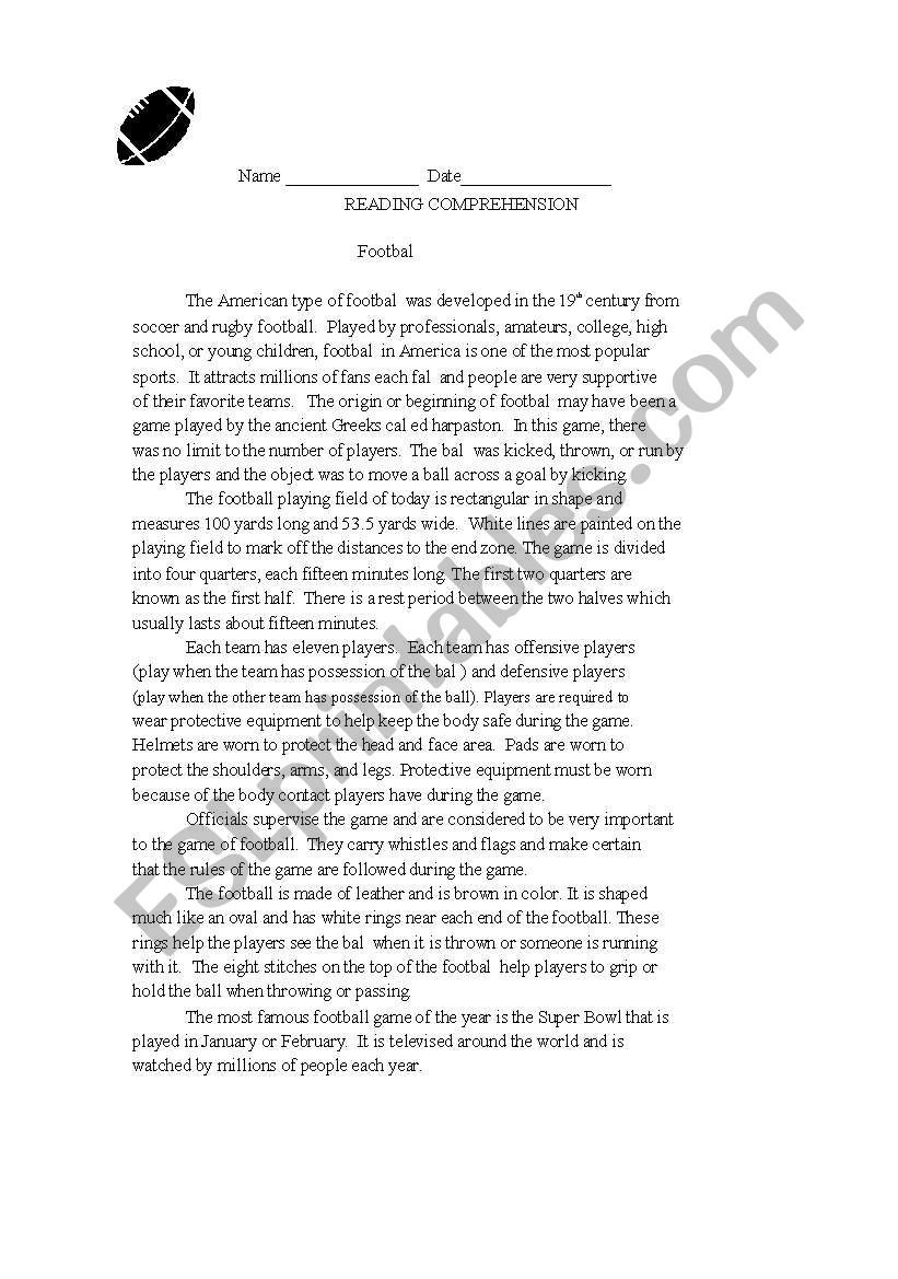 Football- reading worksheet