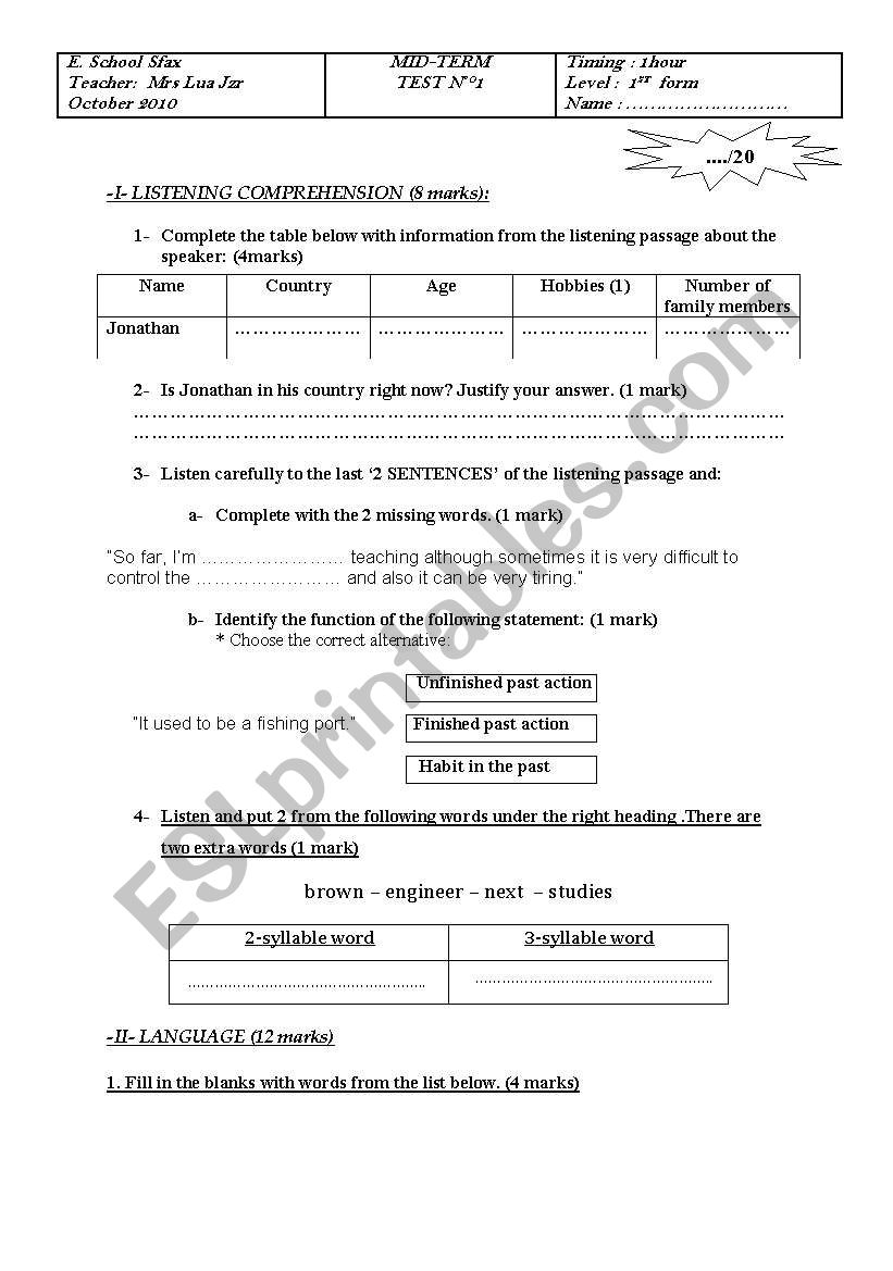 MID-TERM TEST N°°1(1st form) worksheet