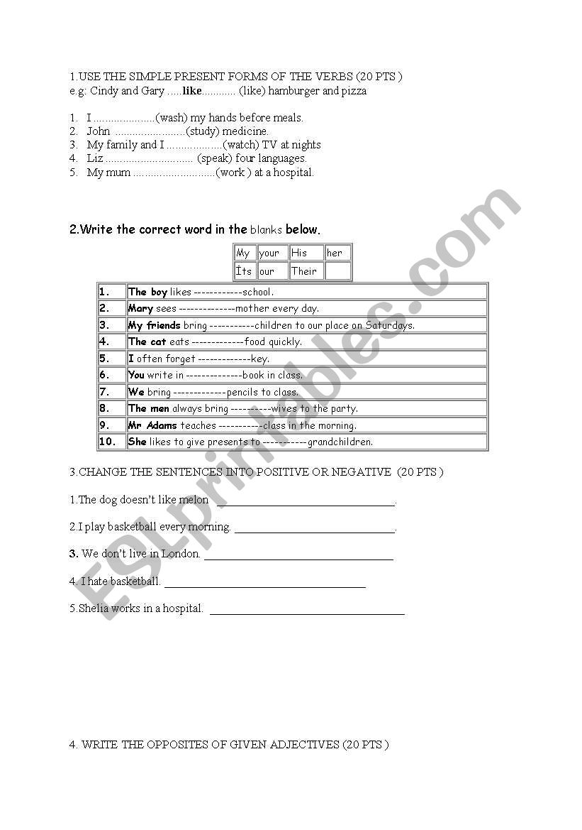 a simple exam worksheet