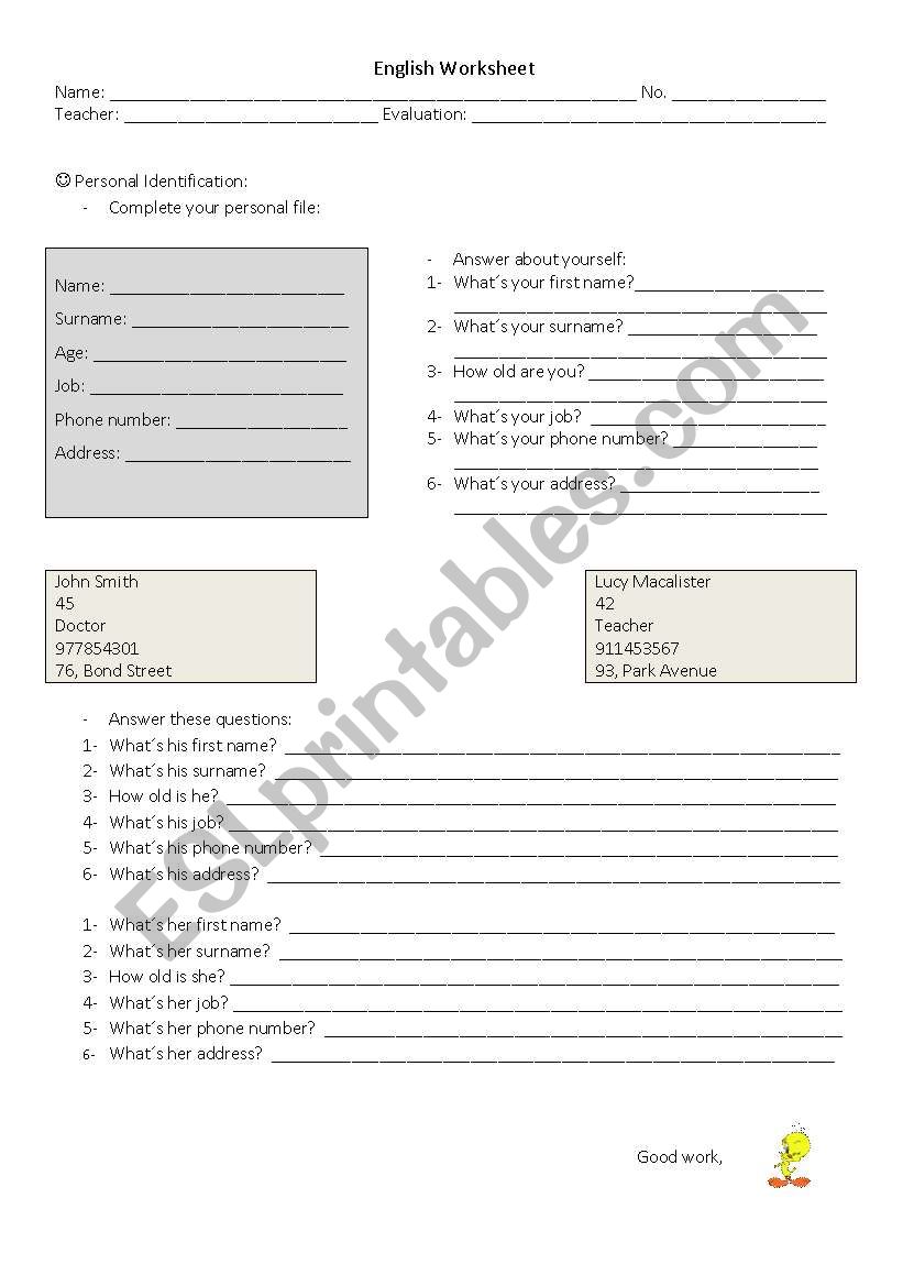 Identification worksheet