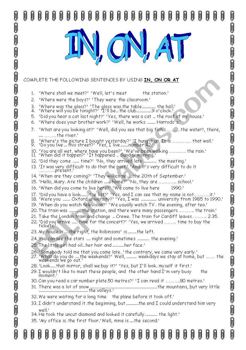 IN, ON, AT worksheet IN, ON, AT worksheet