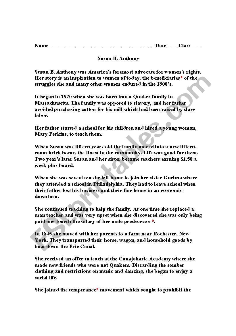 Susan B. Anthony worksheet