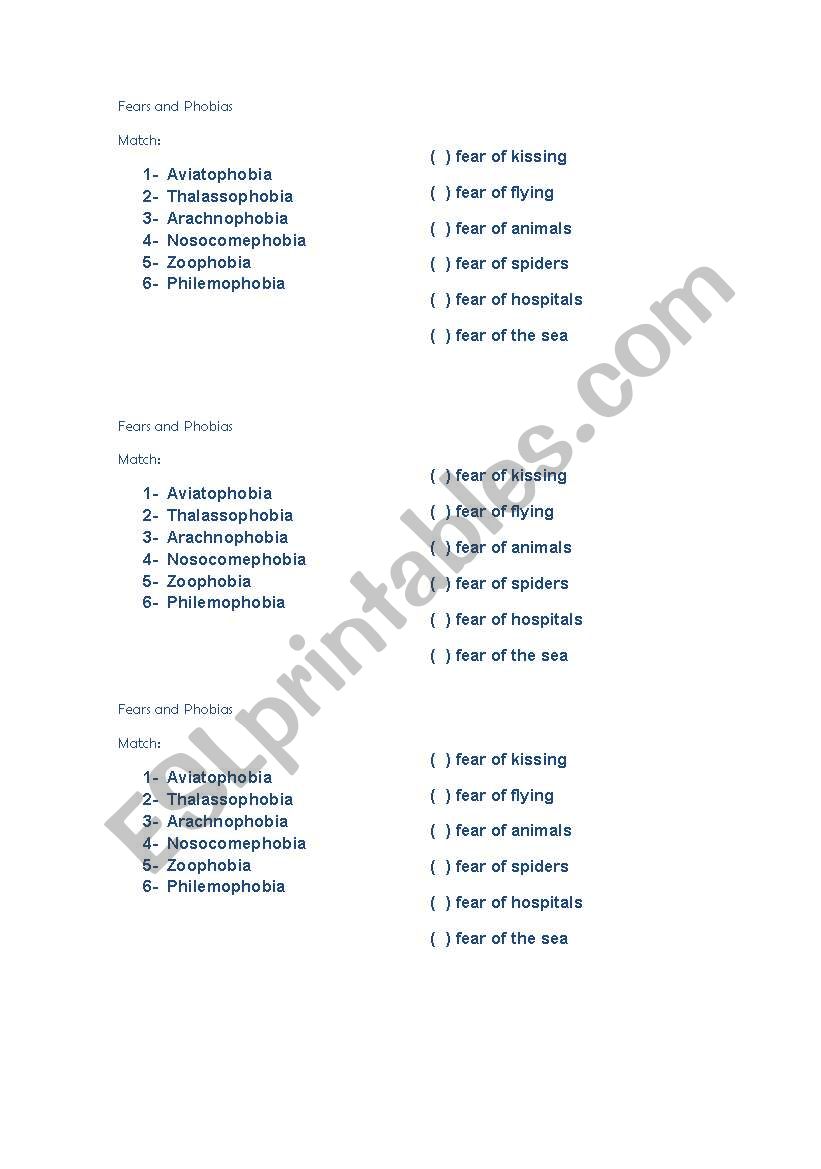 Fears and phobias matching worksheet