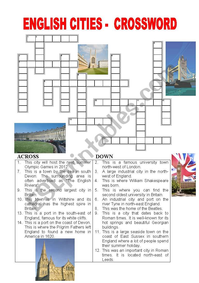English cities - crossword worksheet