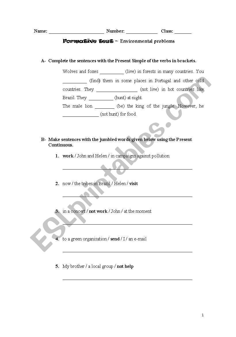 formative test worksheet