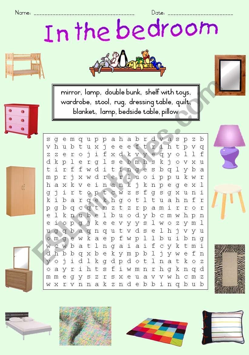 In the bedroom - wordsearch worksheet