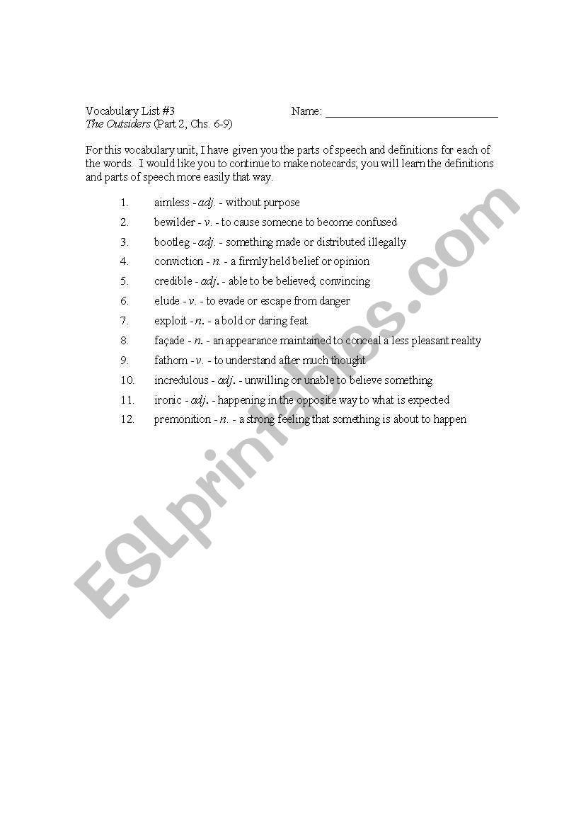 The Outsiders Vocabuary List (Chs. 6-9)