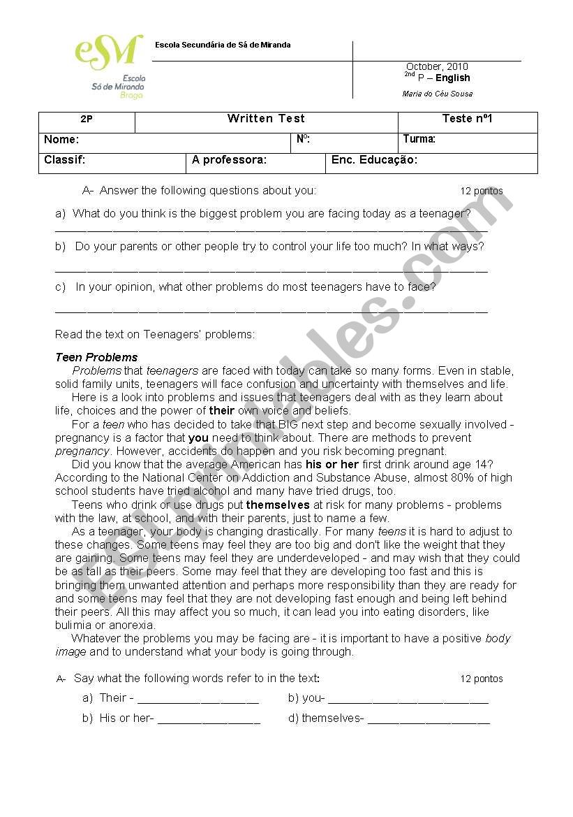 Teens problems worksheet