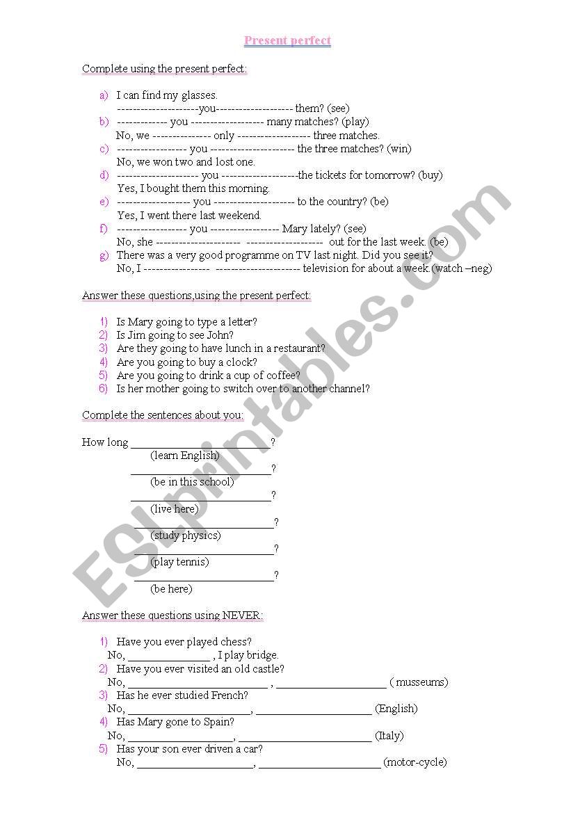 presnt perfect worksheet