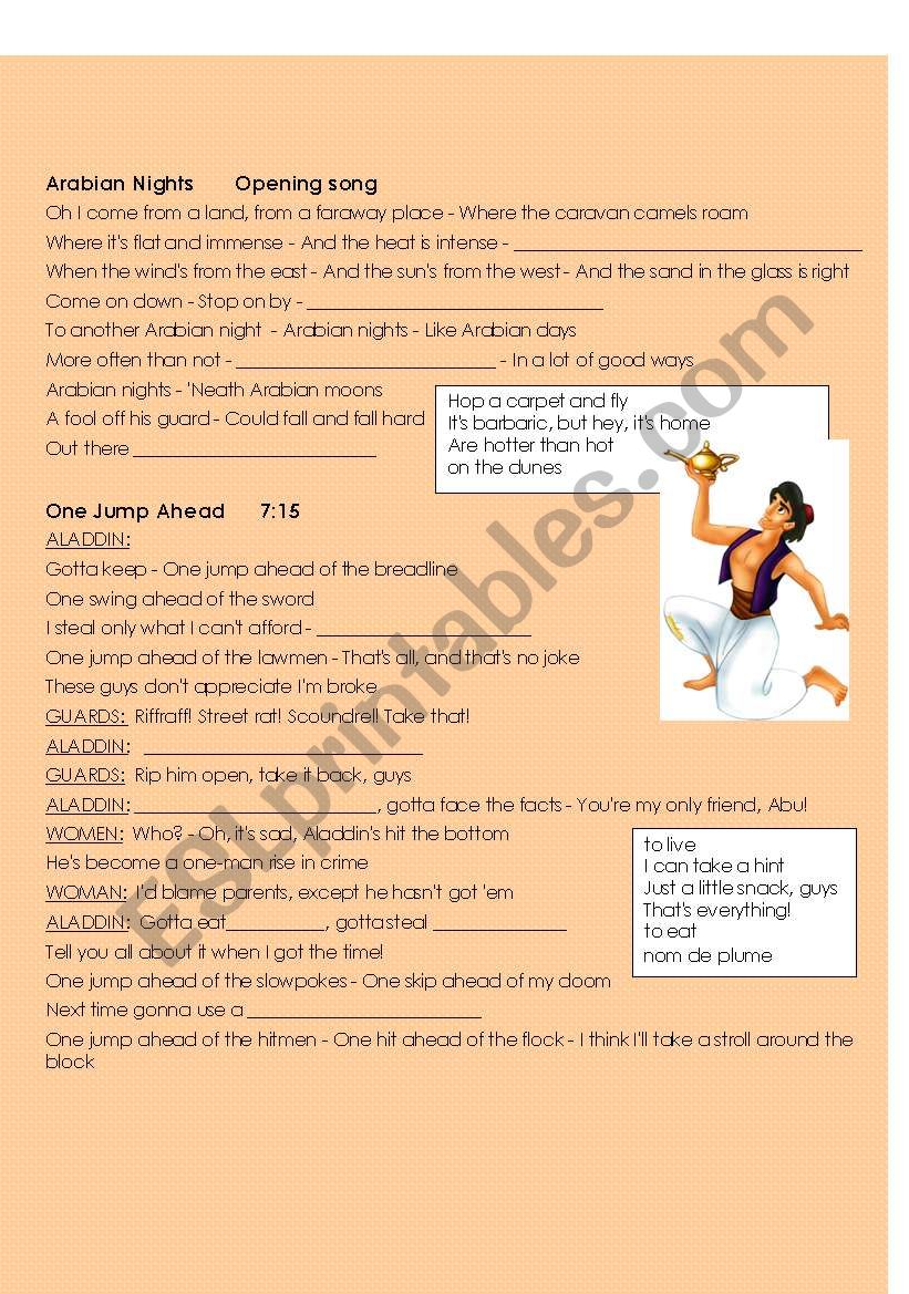 Disneys ALADDIN - lyrics worksheet