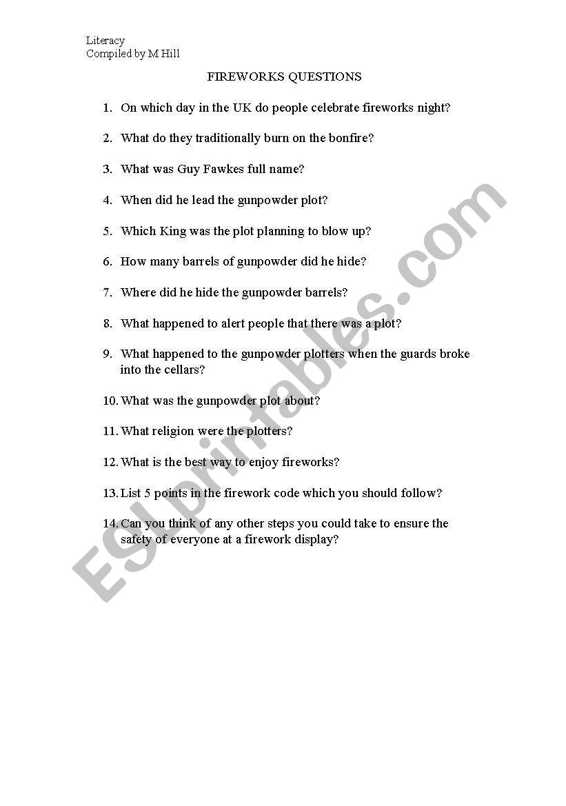 Firework questions worksheet