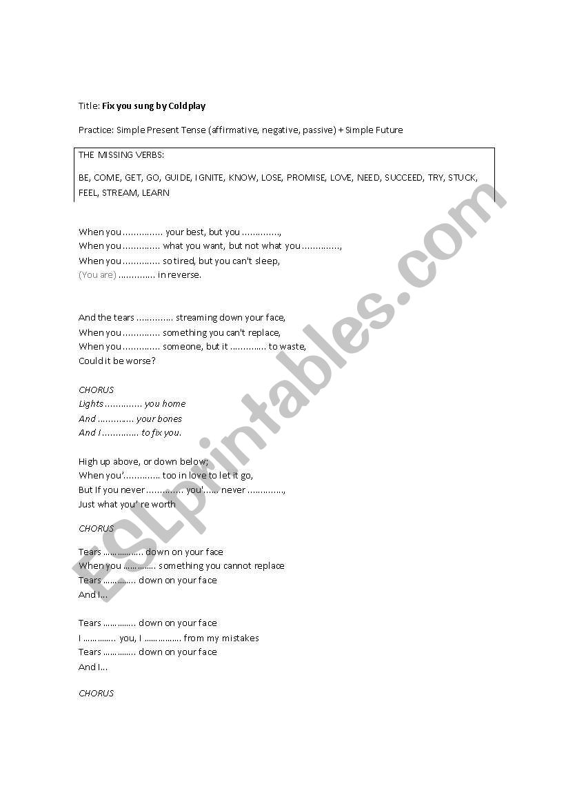 cancion coldplay worksheet