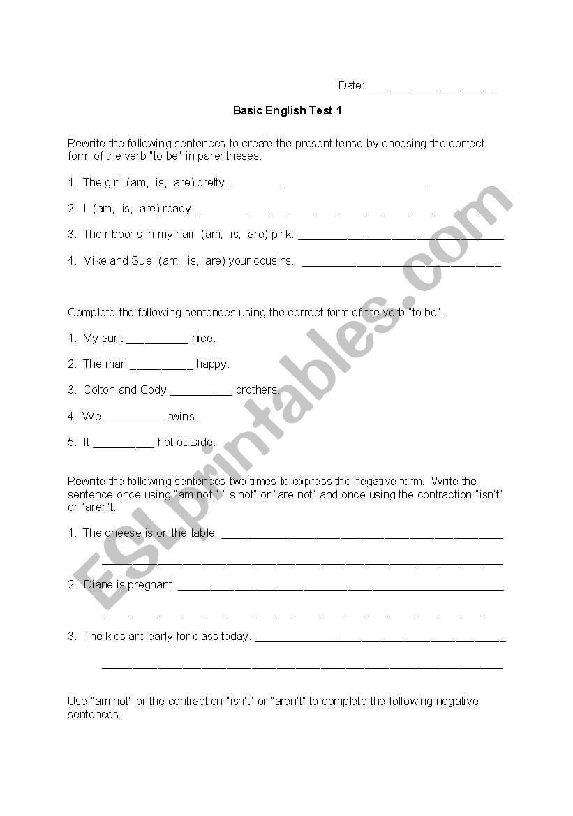 Basic English Test 1 worksheet