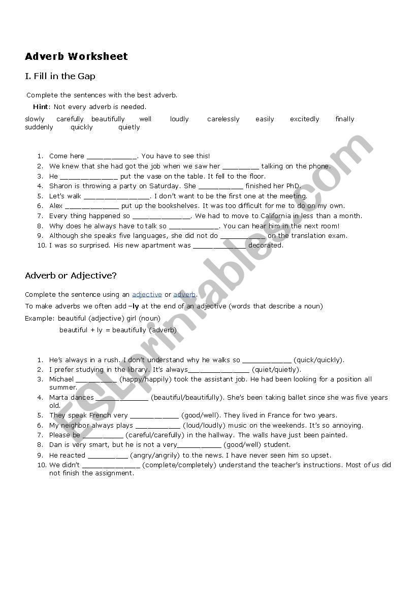 Adverbs in Sentences. worksheet