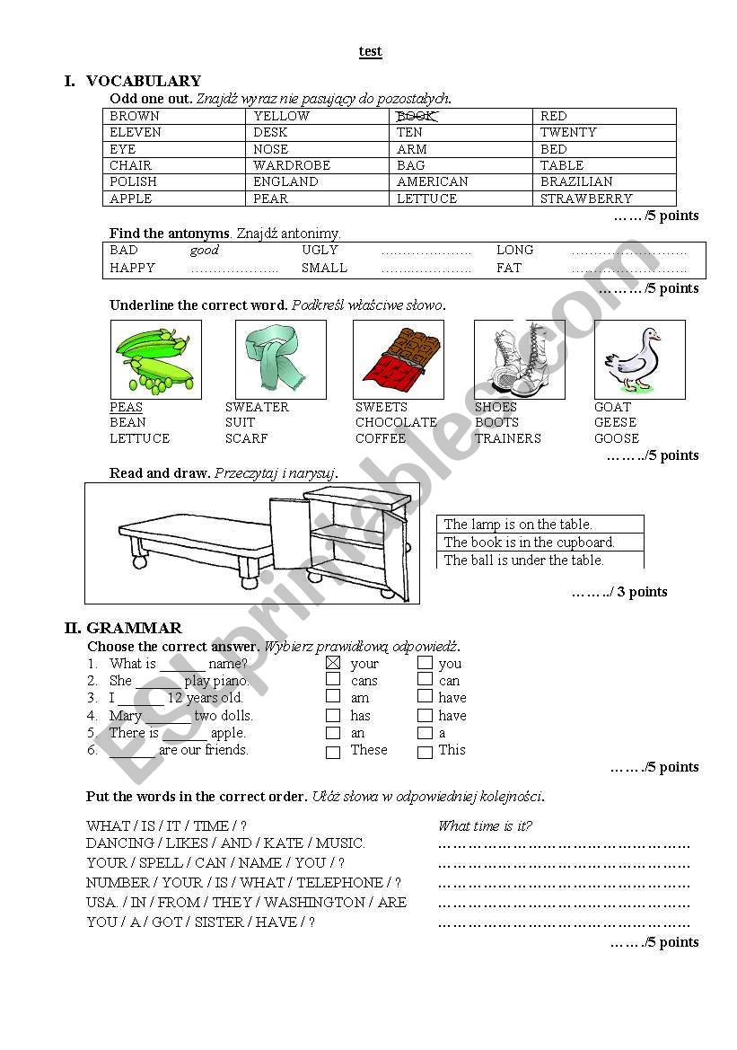 VOCABULARY, GRAMMAR ANF OTHER SKILLS TEST