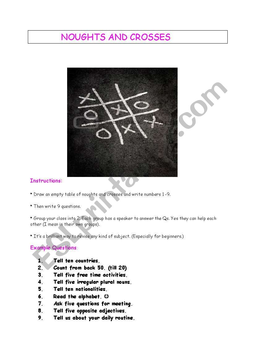 Noughts and crosses game worksheet