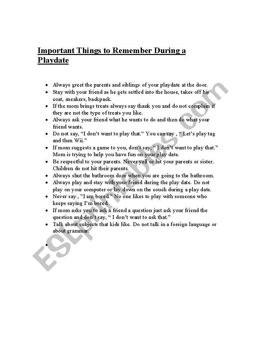 Playdate Rules worksheet