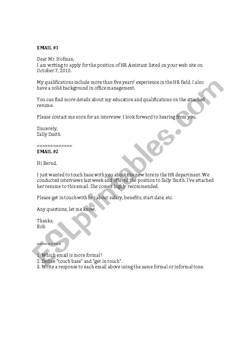 Formal and Informal Emails worksheet