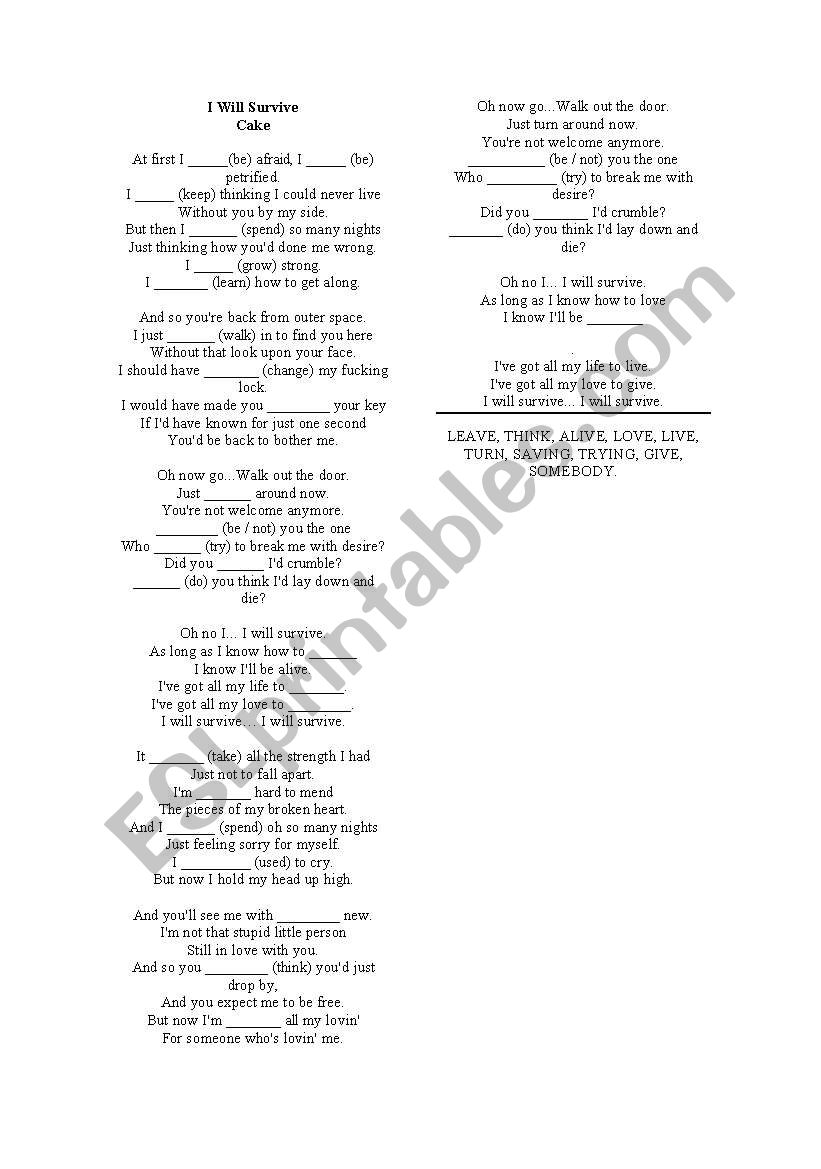 I Will Survive By Cake worksheet