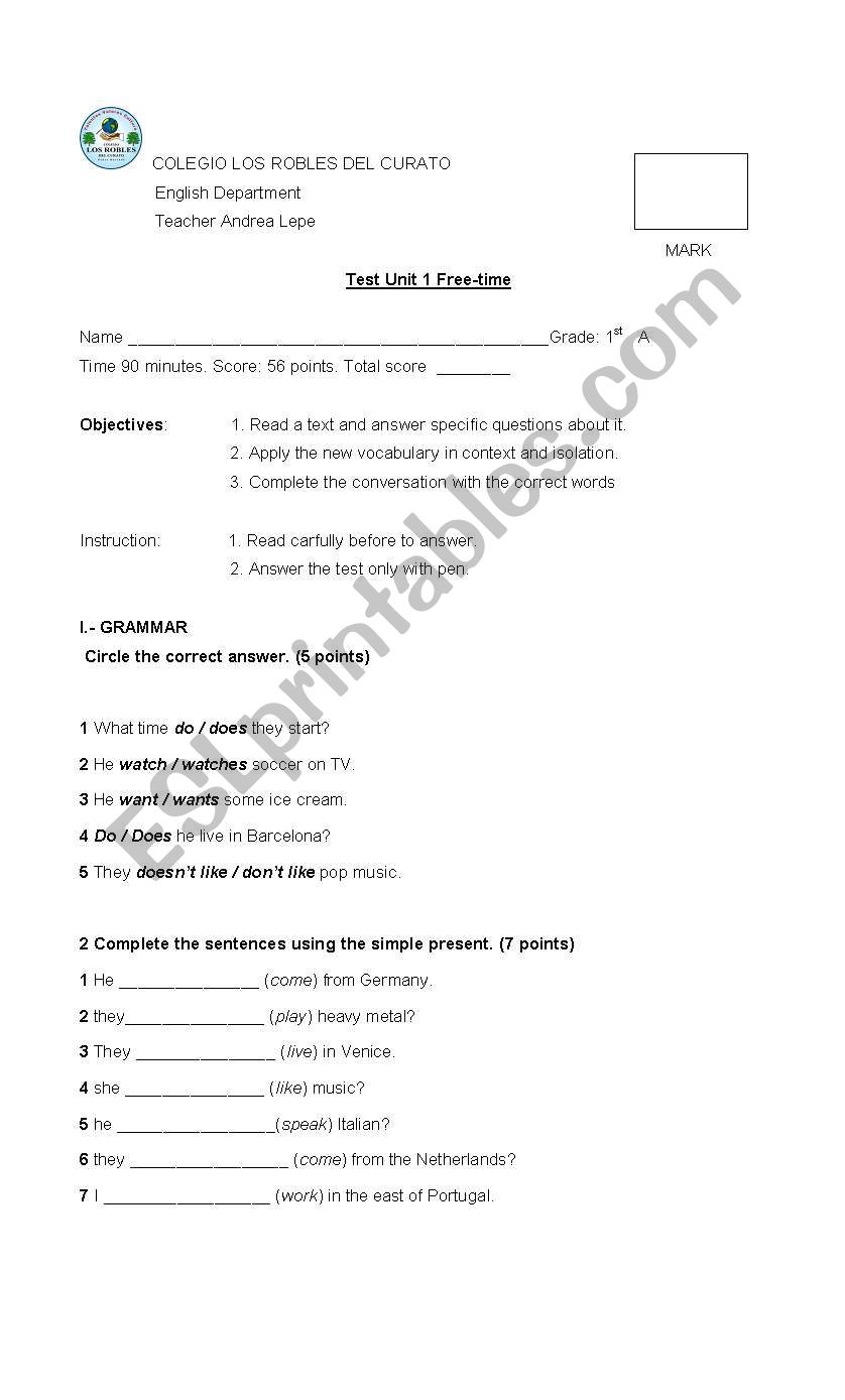 Present Simple Tense Test worksheet